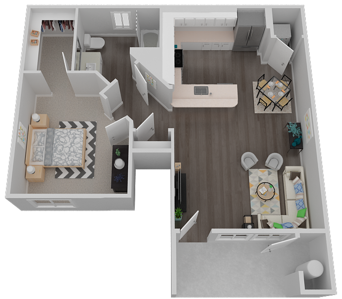 Floor plan for 1 bed, 1 bath, 719 sqft